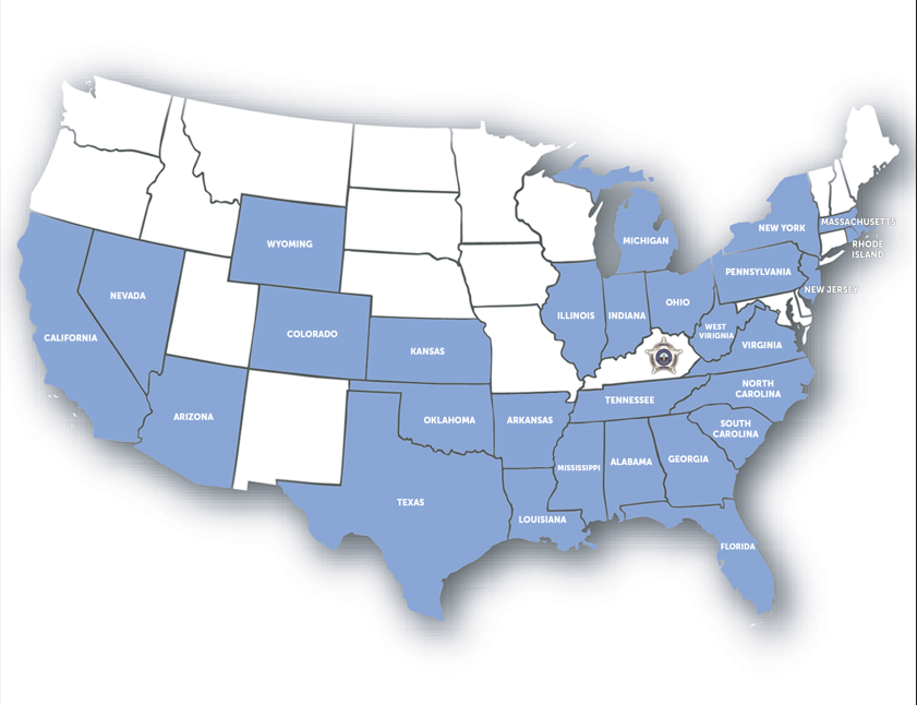 Map of the United States highlighting the 28 states to which Fayette County Deputy Sheriffs traveled to extradite fugitives back to Fayette County, Kentucky during 2024–2025, including California, Nevada, Arizona, Wyoming, Colorado, Kansas, Texas, Oklahoma, Arkansas, Louisiana, Mississippi, Alabama, Tennessee, Illinois, Indiana, Ohio, Michigan, Georgia, Florida, North Carolina, South Carolina, Virginia, West Virginia, Pennsylvania, New York, New Jersey, Massachusetts, and Rhode Island.